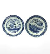 Two 18th century Chinese Export blue and white plates, each decorated with terrace scenes with flowe