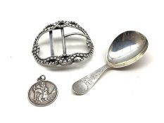 Victorian silver caddy spoon with engraved stem London 1878 Maker Henry Holland, silver medallion an