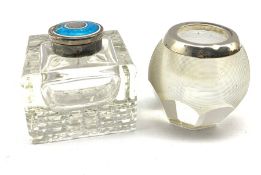 Edwardian square glass inkwell with silver and guilloche enamel lid, Birmingham, 1910 together with