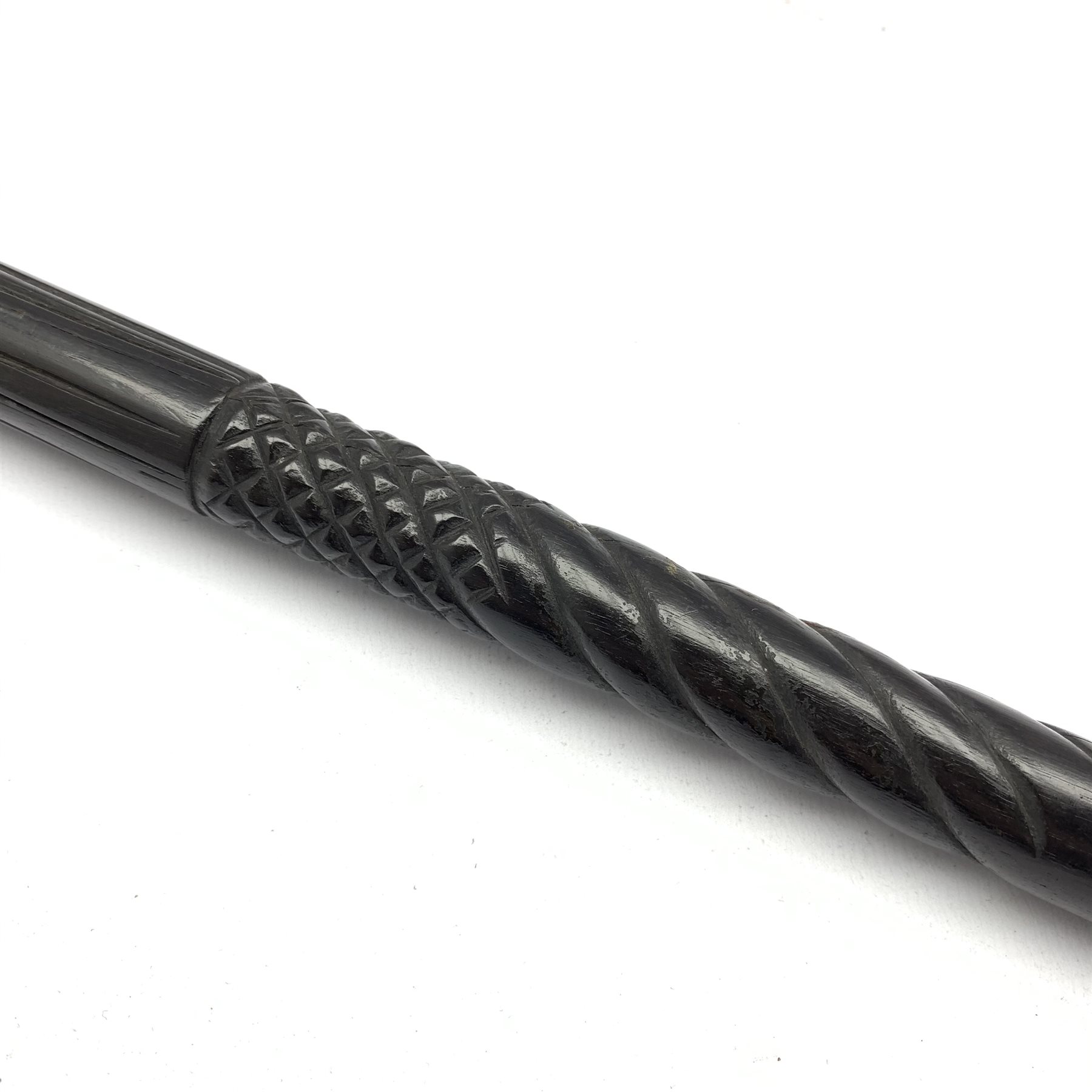 Early 20th century carved ebonised walking cane with silver-plated handle cast as dogs head, L81cm - Image 3 of 5