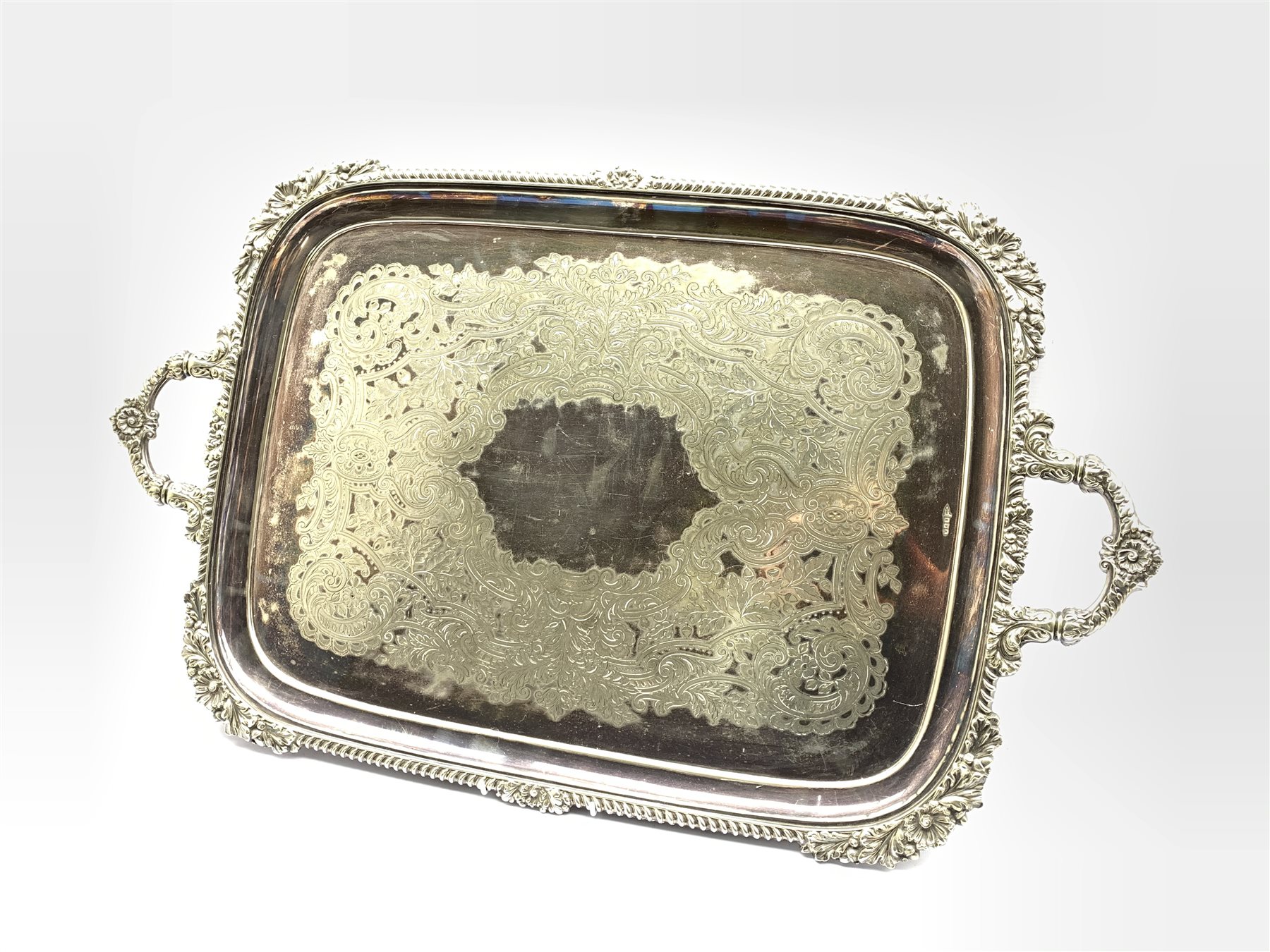 Victorian silver-plated twin handled tray by Walker & Hall, Sheffield, with gadrooned and oak leaf