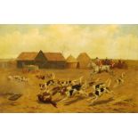E Bartlett (British early 20th century): The Hunt in the Farmyard, oil on canvas signed 50cm x 75cm