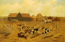 E Bartlett (British early 20th century): The Hunt in the Farmyard, oil on canvas signed 50cm x 75cm