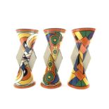 Three Wedgwood limited edition Clarice Cliff design Yo-Yo vases comprising 'Sliced Circle', 'Cubist'
