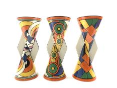 Three Wedgwood limited edition Clarice Cliff design Yo-Yo vases comprising 'Sliced Circle', 'Cubist'