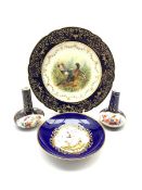 Dresden cabinet plate, the centre painted with two Pheasants within a cobalt blue and gilt border, D