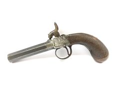 19th Century percussion pocket pistol with screw off barrel and engraved lock and hatched grip L20c