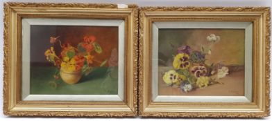 FE Rosson (British early 20th century): Still Lifes of Pansies, pair oils on canvas signed and dated