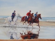 Beth Boyes (British Contemporary): Galloping on the Beach, oil on board signed 29cm x 39cm; 'Wood Sa