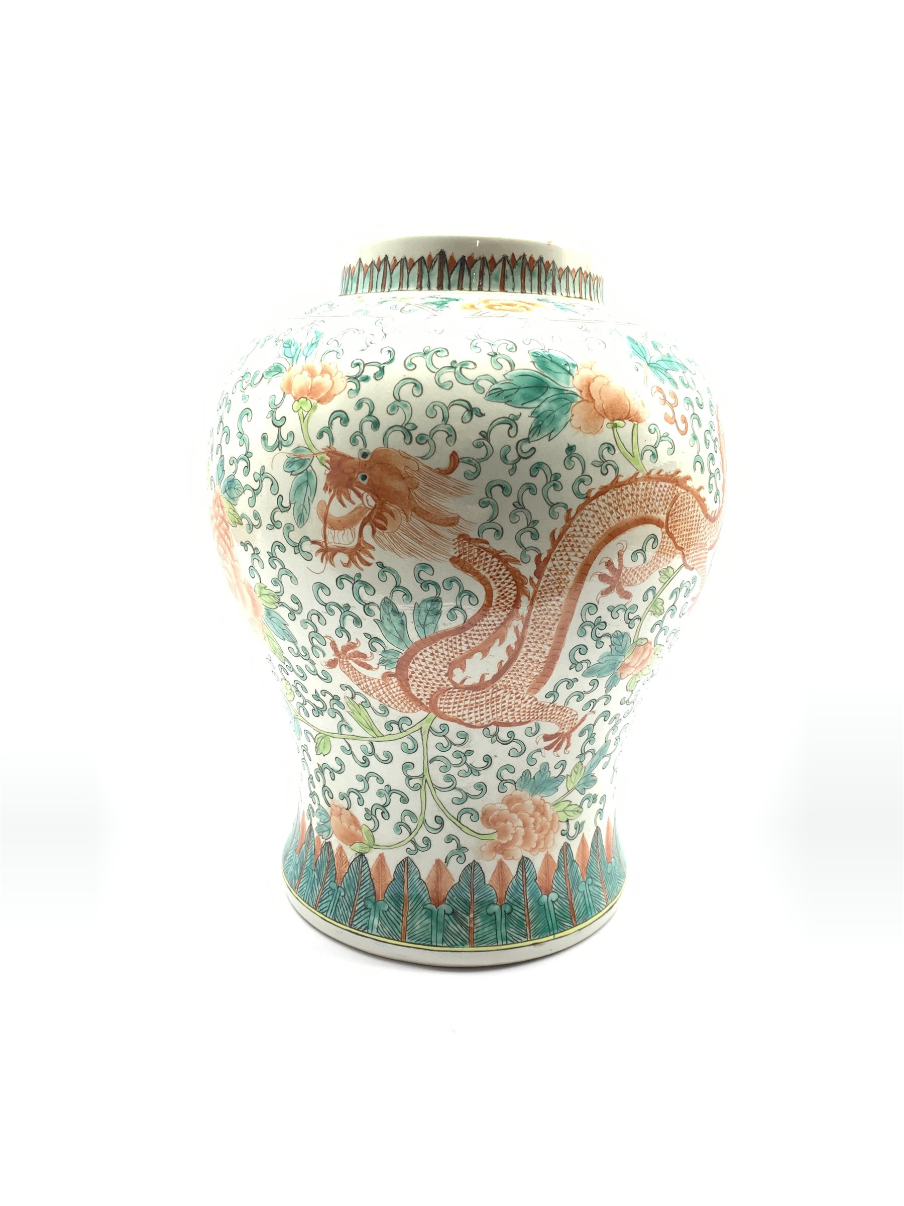 20th century Chinese vase of baluster form painted with a Dragon and Phoenix amidst scrolling foliag