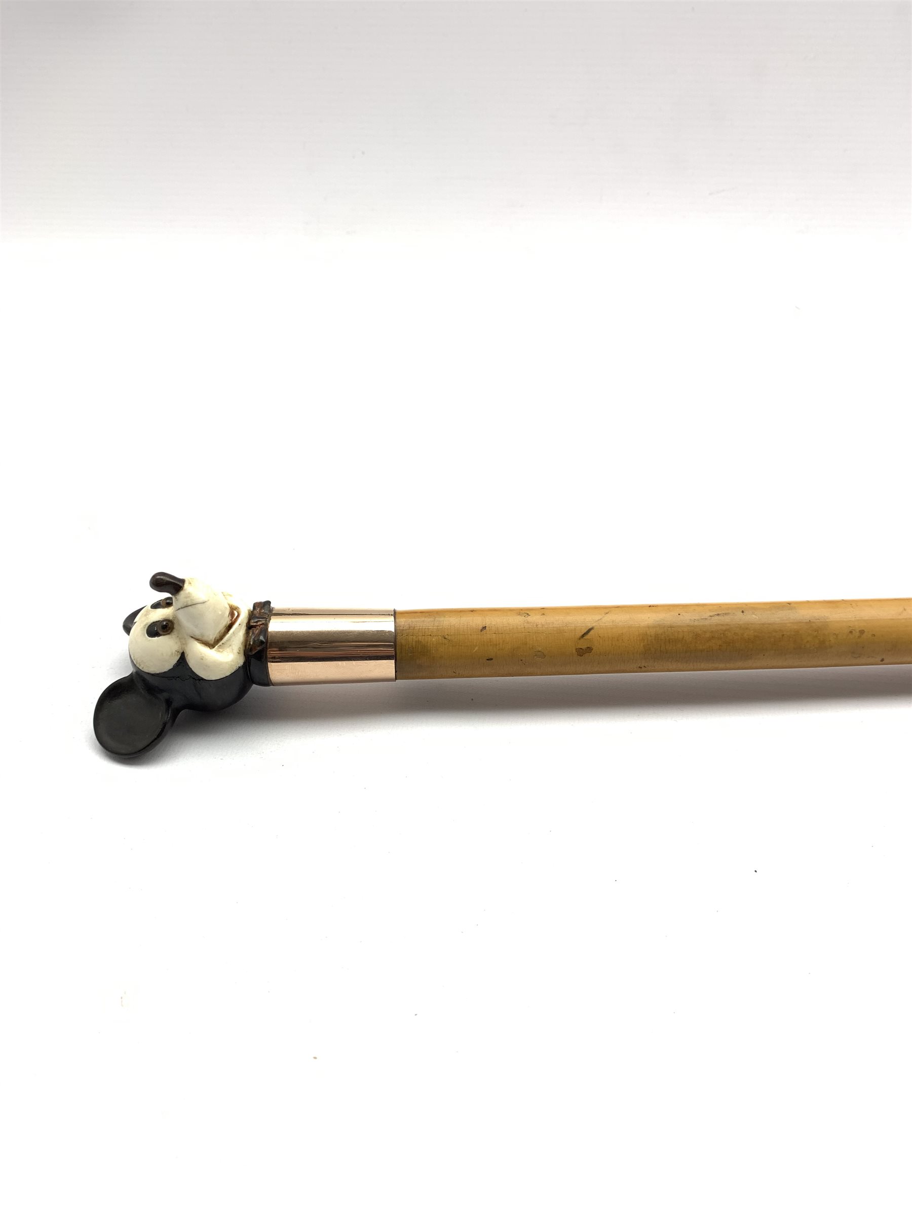 19th/ early 20th century Malacca walking cane, 9ct rose gold collar with a carved ivory and ebony fi - Image 8 of 8
