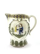 Pratt ware jug, circa 1795-1800, decorated in the Mischievous Sport and Sportive Innocence pattern,