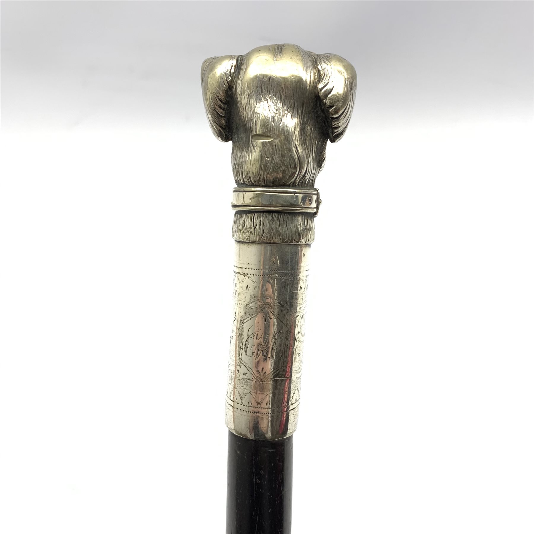 Early 20th century carved ebonised walking cane with silver-plated handle cast as dogs head, L81cm - Image 4 of 5