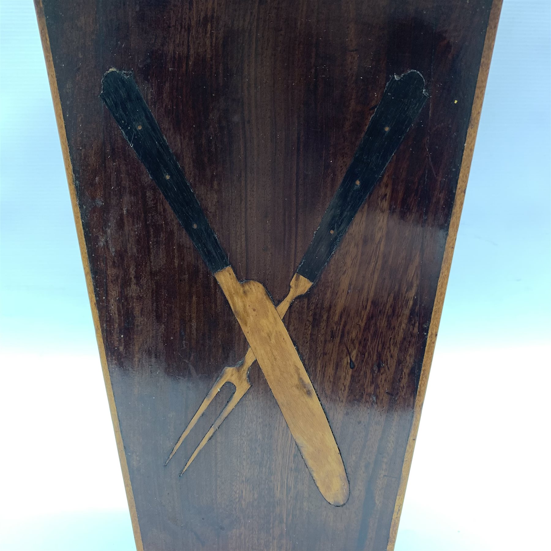 Georgian mahogany tapering cutlery box, inlaid in boxwood with a knife and carving fork, H48cm - Image 2 of 3