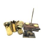 Pair of 19th century travelling balance scales on mahogany stand, pair of Trench Art shell cases H17