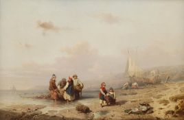 Friedrich Fritz Hildebrandt (German 1819-1885): Fishermen and Children Unloading on the Shore, oil o