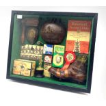 Montage of football items including Arsenal programme 1950, wooden rattle, whistle etc in a glazed c
