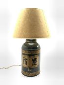 Oriental design table lamp in the form of a tole peinte tea canister decorated in green and gilt H40