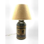 Oriental design table lamp in the form of a tole peinte tea canister decorated in green and gilt H40