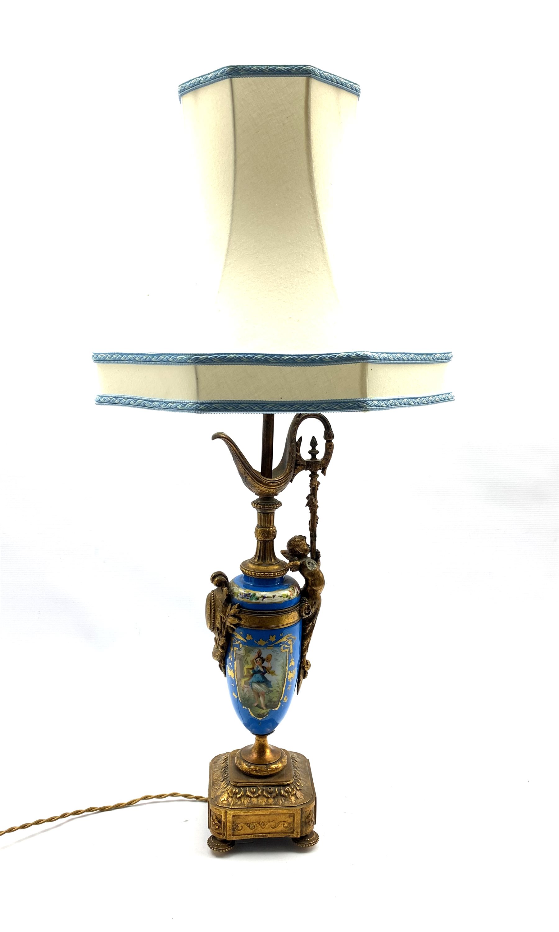 Continental Porcelain table lamp in the form of a ewer decorated with figure panel on a blue ground - Image 2 of 5