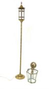 Early 20th century strapwork design brass lantern on barley twist brass column, H152cm together with