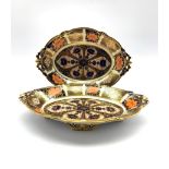 Pair of Royal Crown Derby oval footed dishes, decorated in the Imari pattern with acorn and oak leaf