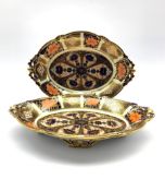 Pair of Royal Crown Derby oval footed dishes, decorated in the Imari pattern with acorn and oak leaf