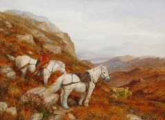 Elizabeth M Halstead (British late 20th century): Taking a Rest - Ponies on the Highlands, oil on bo