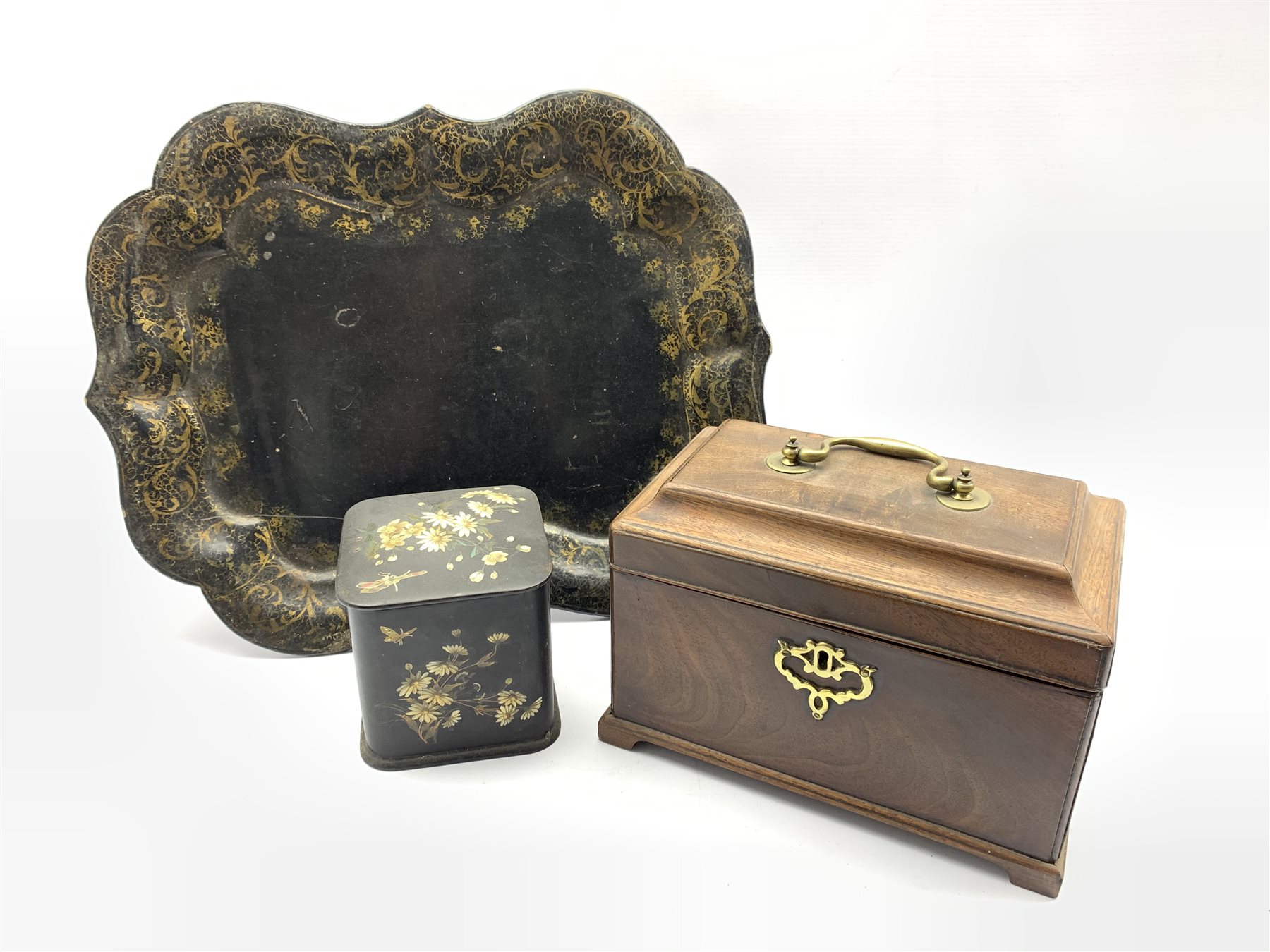 19th century mahogany tea caddy fitted with three metal containers on bracket feet W23cm, Victorian