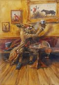 Mick Cawston (British 1959-): Raising a Glass - Humorous portrait of an anthropomorphic fox in a tav