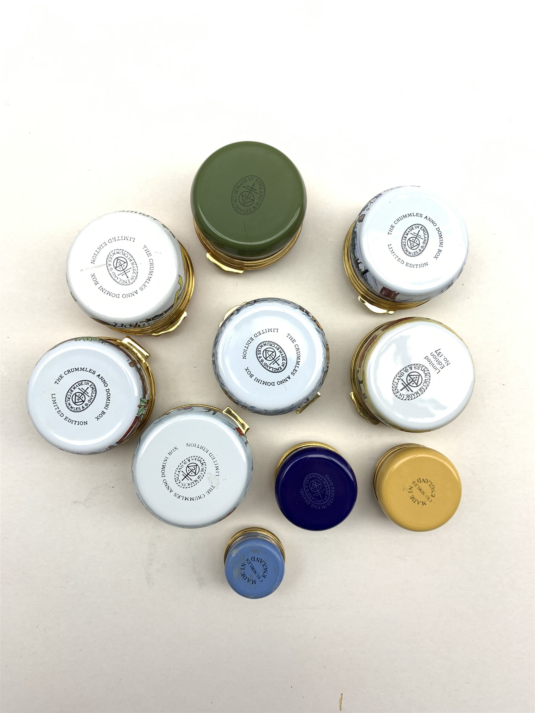 Collection of ten Crummles enamel pill boxes to include Year boxes 1989, 1991, 1993, 1994 and 1996, - Image 2 of 2