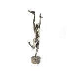 Early 20th century silver-plated mascot style model of a semi nude man on circular base, unsigned, H