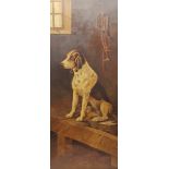 English School (19th/20th century): Pointer in a Stable, oil on canvas possible traces of signature