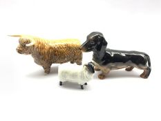 Beswick model of a Highland Bull No.2008, Beswick Dachshund No. 361 and a Beswick Black Faced Sheep