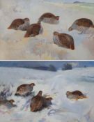 Frank Southgate RBA (British 1872-1916): Partridges in the Snow, pair watercolours signed 38cm x 58c