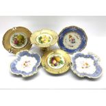 Victorian porcelain part dessert service comprising a tall comport and two plates, each centrally ha