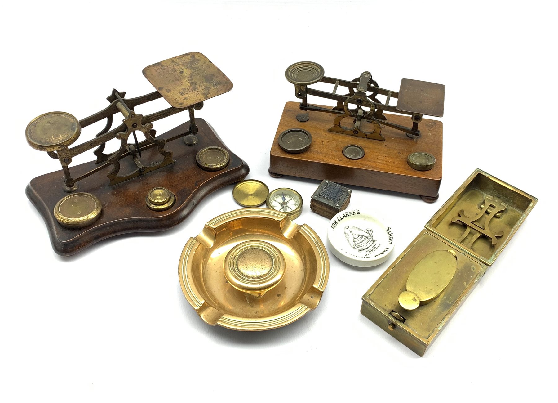 Two sets of Postal Scales by S. Mordan & Co. and John Heath, brass cased curling iron heater, Pyrami