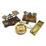 Two sets of Postal Scales by S. Mordan & Co. and John Heath, brass cased curling iron heater, Pyrami