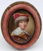 English School (19th century): Portrait of a Lady with Fur Hat, oval enamel miniature on copper unsi