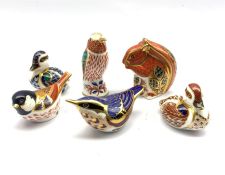 Six Royal Crown Derby paperweights comprising a Red Squirrel, Hummingbird, Coal Tit, two Ducks and