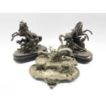 Spelter inkstand fitted with two inkwells and pen tray formed as a Stag hunting scene W29cm and a pa