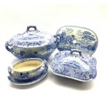 19th century Spode Castle pattern two-handled soup tureen and cover with matching Willow pattern lad