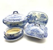 19th century Spode Castle pattern two-handled soup tureen and cover with matching Willow pattern lad