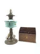 Edwardian mahogany inlaid letter rack together with a Victorian brass oil lamp with blue milk glass