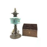 Edwardian mahogany inlaid letter rack together with a Victorian brass oil lamp with blue milk glass