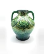 Arts & Crafts Della Robbia (1897-1906) vase of twin-handled baluster form, low-relief, incised and p