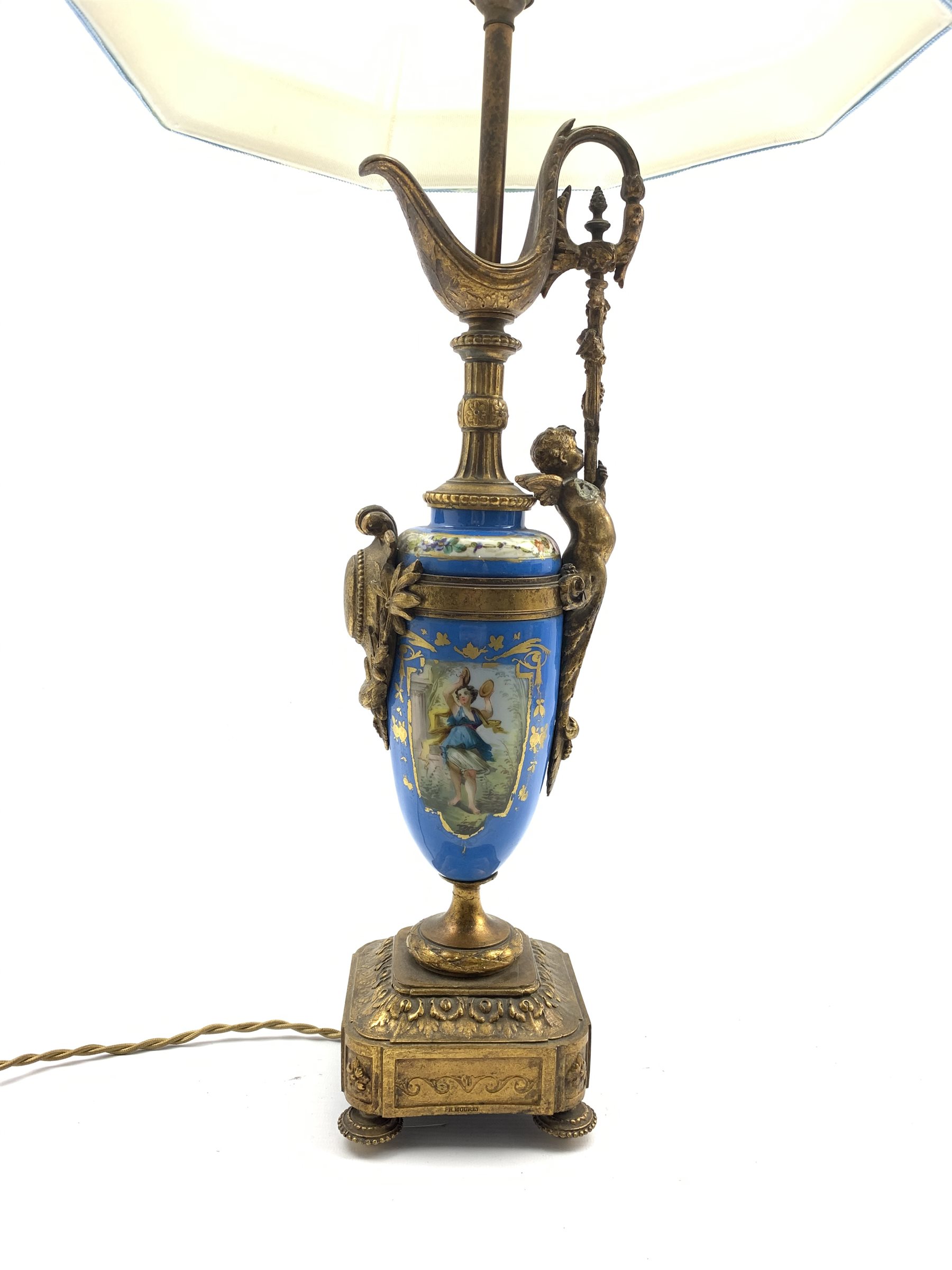 Continental Porcelain table lamp in the form of a ewer decorated with figure panel on a blue ground - Image 3 of 5