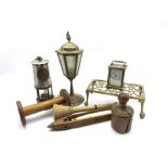 19th century treen pie mould, a weaving shuttle, brass and steel Protector Lamp & Lighting Co. Eccle
