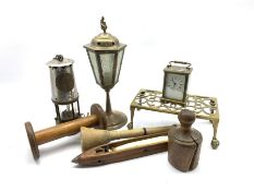 19th century treen pie mould, a weaving shuttle, brass and steel Protector Lamp & Lighting Co. Eccle