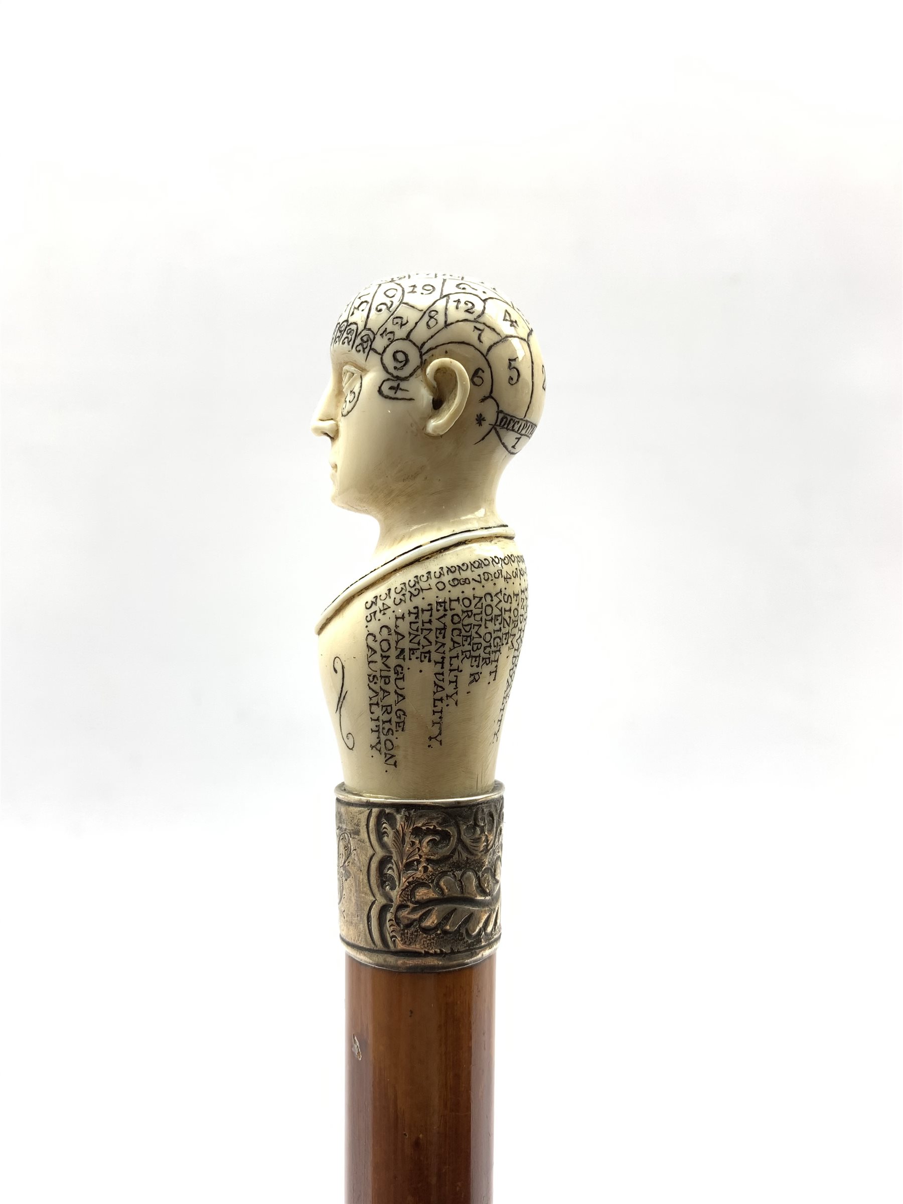 Victorian Phrenology walking cane, Malacca shaft with silver collar and carved ivory phrenology head - Image 4 of 8